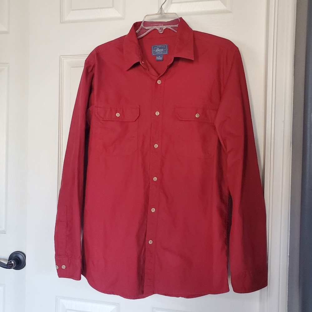 G H Bass Shirt Jacket Maroon Dual Pocket Wicking Long Sleeve Button Up Denim